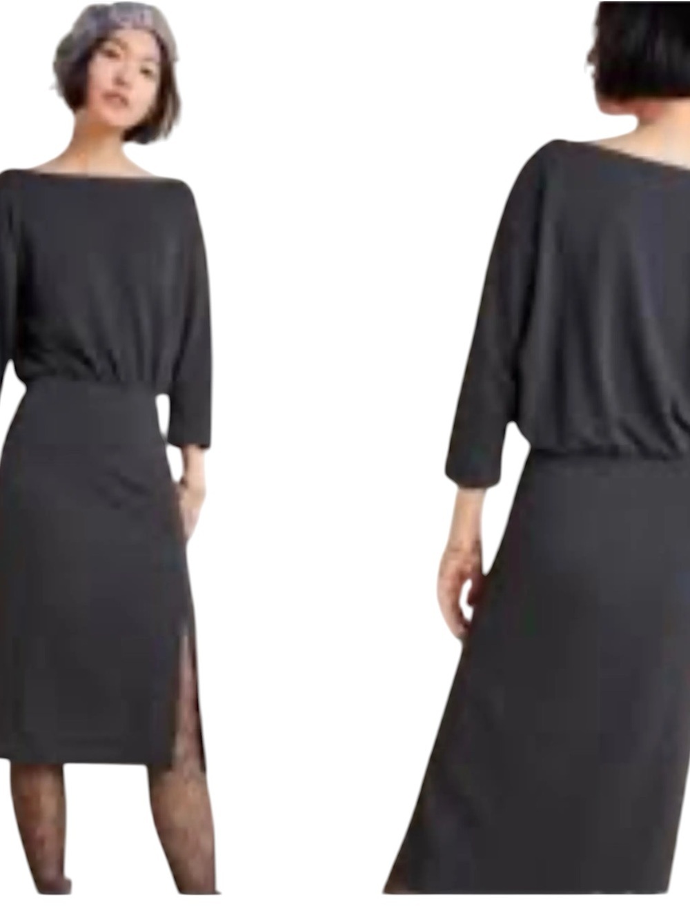 Anthropologie Knit Column Dress Sz XS Charcoal Gray Pullover 3/4 Sleeve Slit NWT